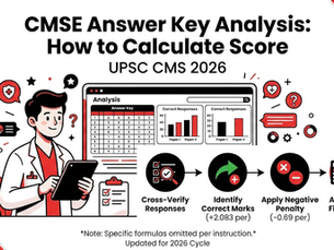 Male figure with tablet, chart on screen; text explains CMSE 2026 calculation steps with icons. Colors: red, black, white.
