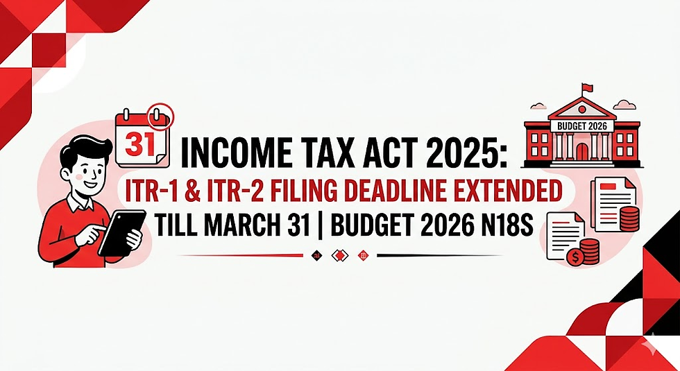 Illustration of a person with a tablet next to "INCOME TAX ACT 2025" text. Deadline for ITR-1 & 2 extended till March 31. Red and black design.