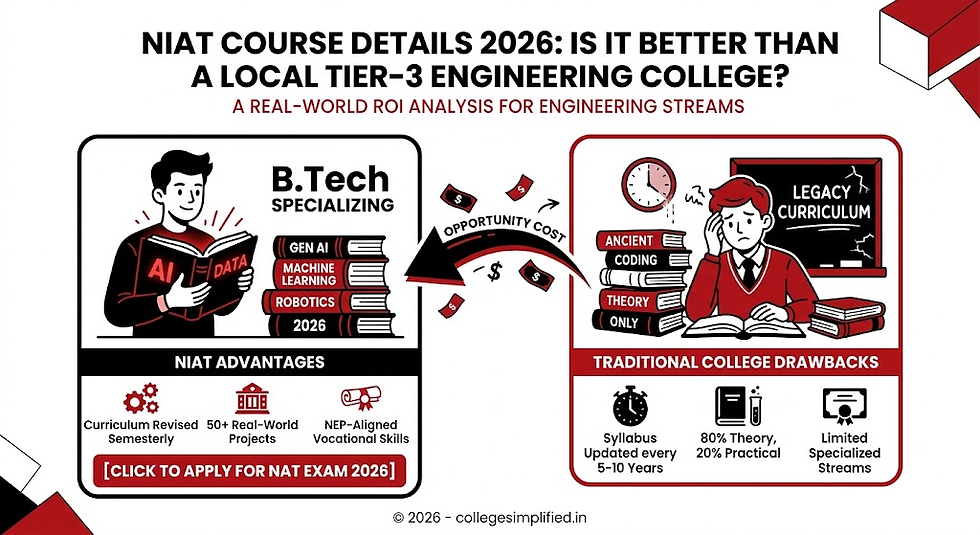 Two illustrated students comparing NIAT and traditional engineering courses. Text highlights benefits of NIAT, drawbacks of others.