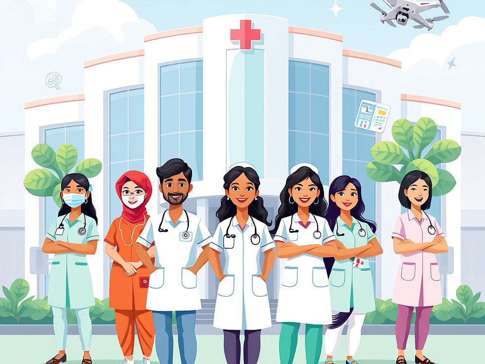 Cartoon illustration depicting the bright Future of Nursing in India, with diverse nurses in front of a modern hospital, surrounded by futuristic healthcare tech, set against a red, white, and black theme.