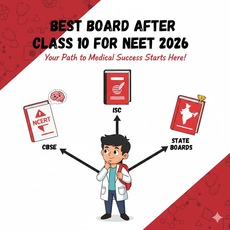 Student thinking about board options for NEET 2026. Books labeled CBSE, ISC, State Boards. Text: "Best Board After Class 10." Red-white design.