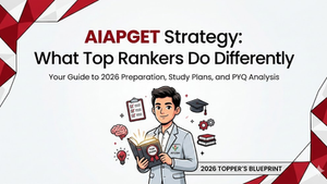 Illustration of a person with a book, surrounded by symbols of study, against a geometric-patterned background. Text: "AIAPGET Strategy: What Top Rankers Do Differently."
