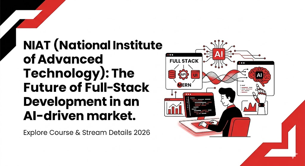 A person at a desk with AI-themed screens. Text: NIAT on future full-stack development. Red, black, and white theme. Explore 2026 details.