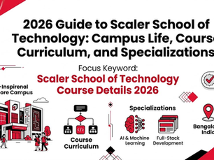 2026 Guide to Scaler School of Technology with Bengaluru campus illustration, course curriculum, and AI/ML, Full-Stack specializations.