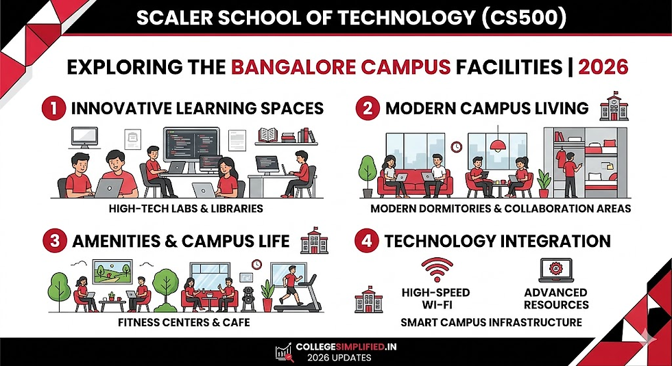 Scaler School of Technology CS500 ad for Bangalore campus, 2026. Highlights learning spaces, modern living, amenities, tech integration.