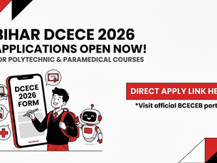 Bihar DCECE 2026 applications open. Image of a person with a form and robot. Red accents, black text: "Direct Apply Link Here."