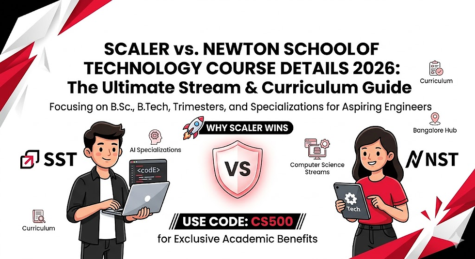 Two characters with laptops, text promoting a tech course comparison for 2026, highlighting specializations and curriculum. Red and black accents.