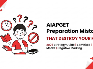 A worried student surrounded by books, clock, and question marks. Text: AIAPGET Preparation Mistakes That Destroy Your Rank. Red geometric designs.