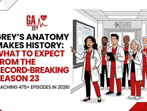 Doctors in lab coats clapping in a hospital hallway. Text highlights Grey's Anatomy's record-breaking Season 23 and future episode milestone.