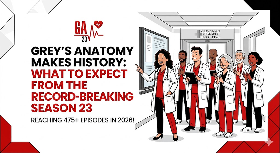 Doctors in lab coats clapping in a hospital hallway. Text highlights Grey's Anatomy's record-breaking Season 23 and future episode milestone.