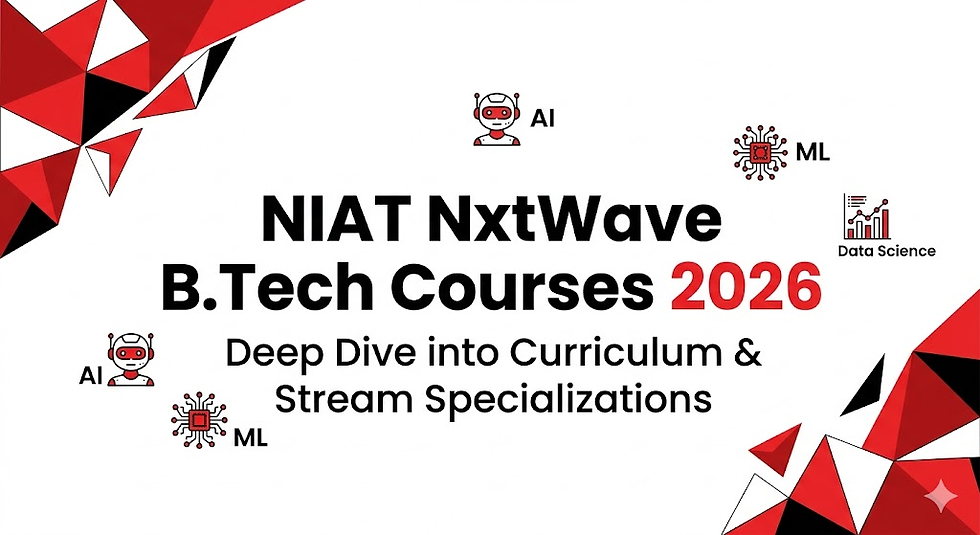 Promotional image for NIAT NxtWave B.Tech Courses 2026. Features AI, ML, Data Science icons. Red and black geometric patterns.
