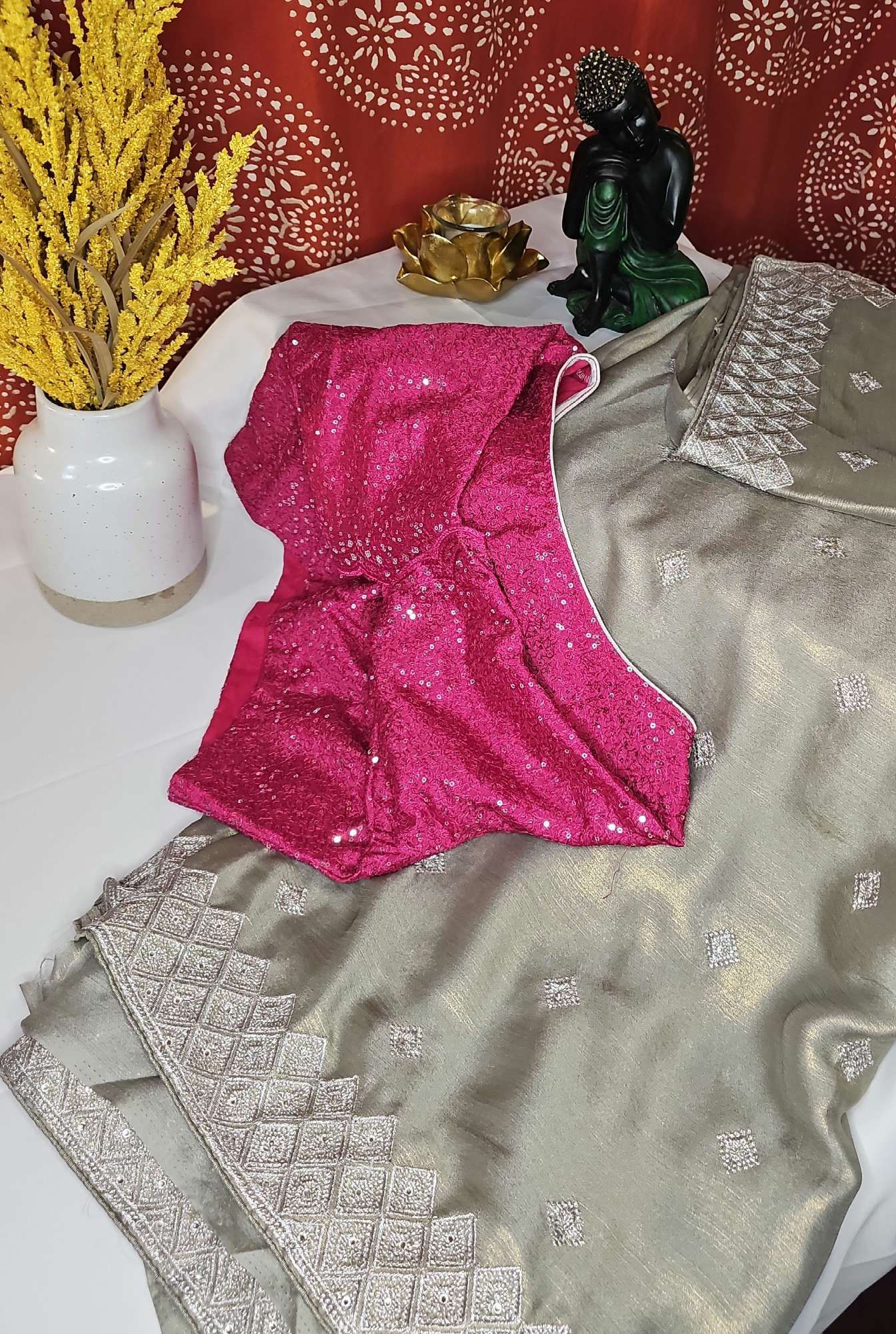 Crepe Silk Sari in Ash with Stunning Pink Blouse