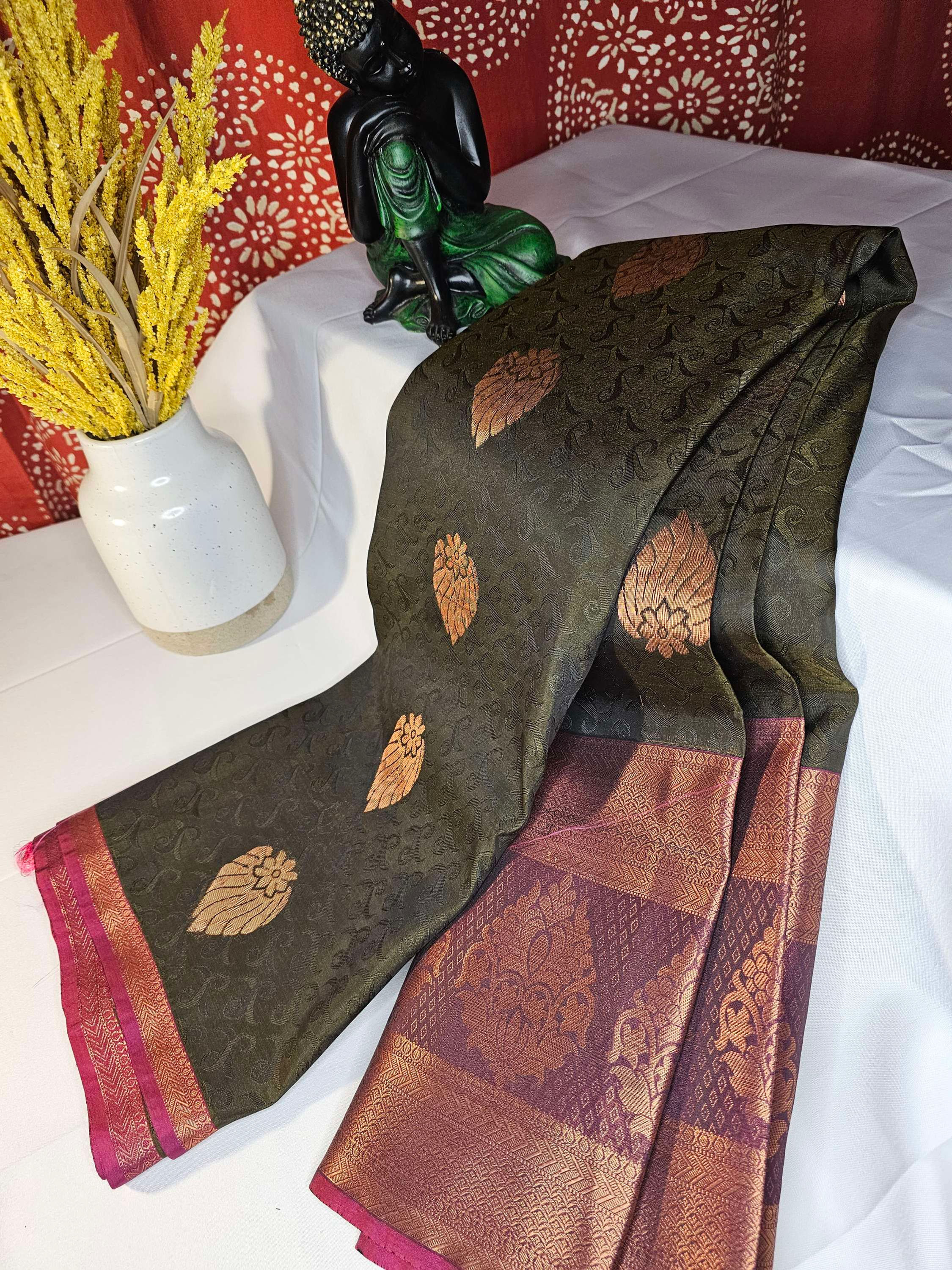 Soft Silk with Copper Zari - Seaweed Green and Grand Border