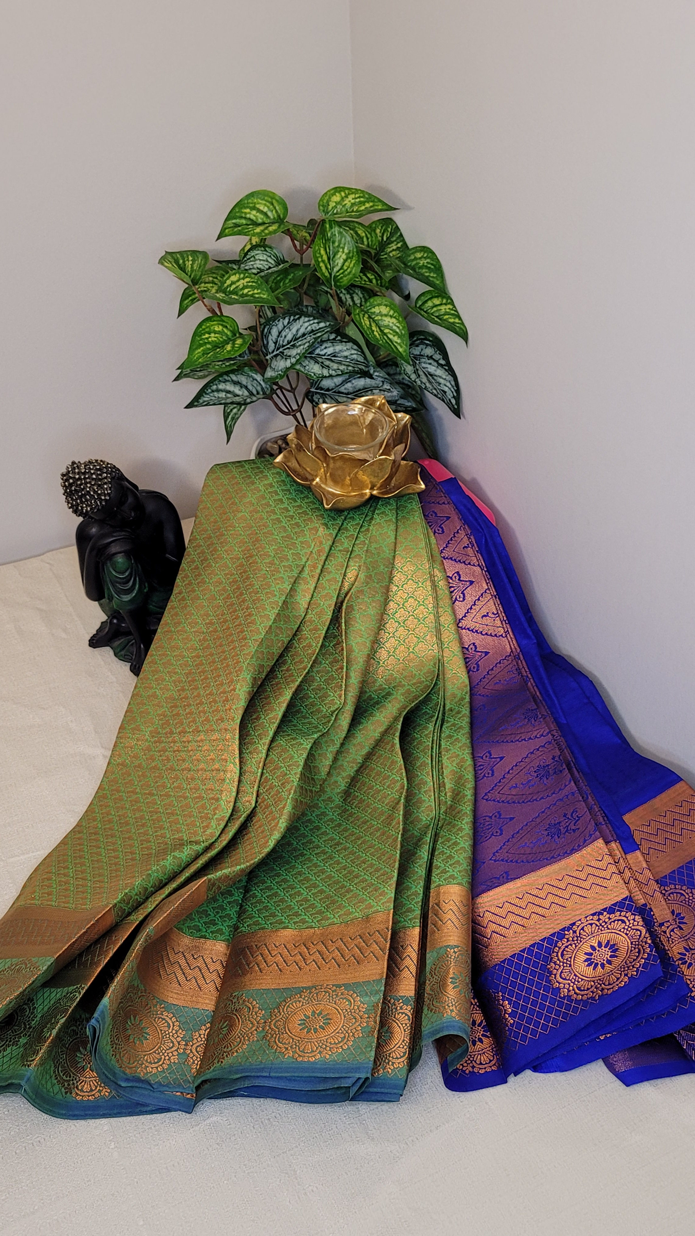 Grand Soft Silk - Bottle Green with Navy Blue pallu in Copper Zari