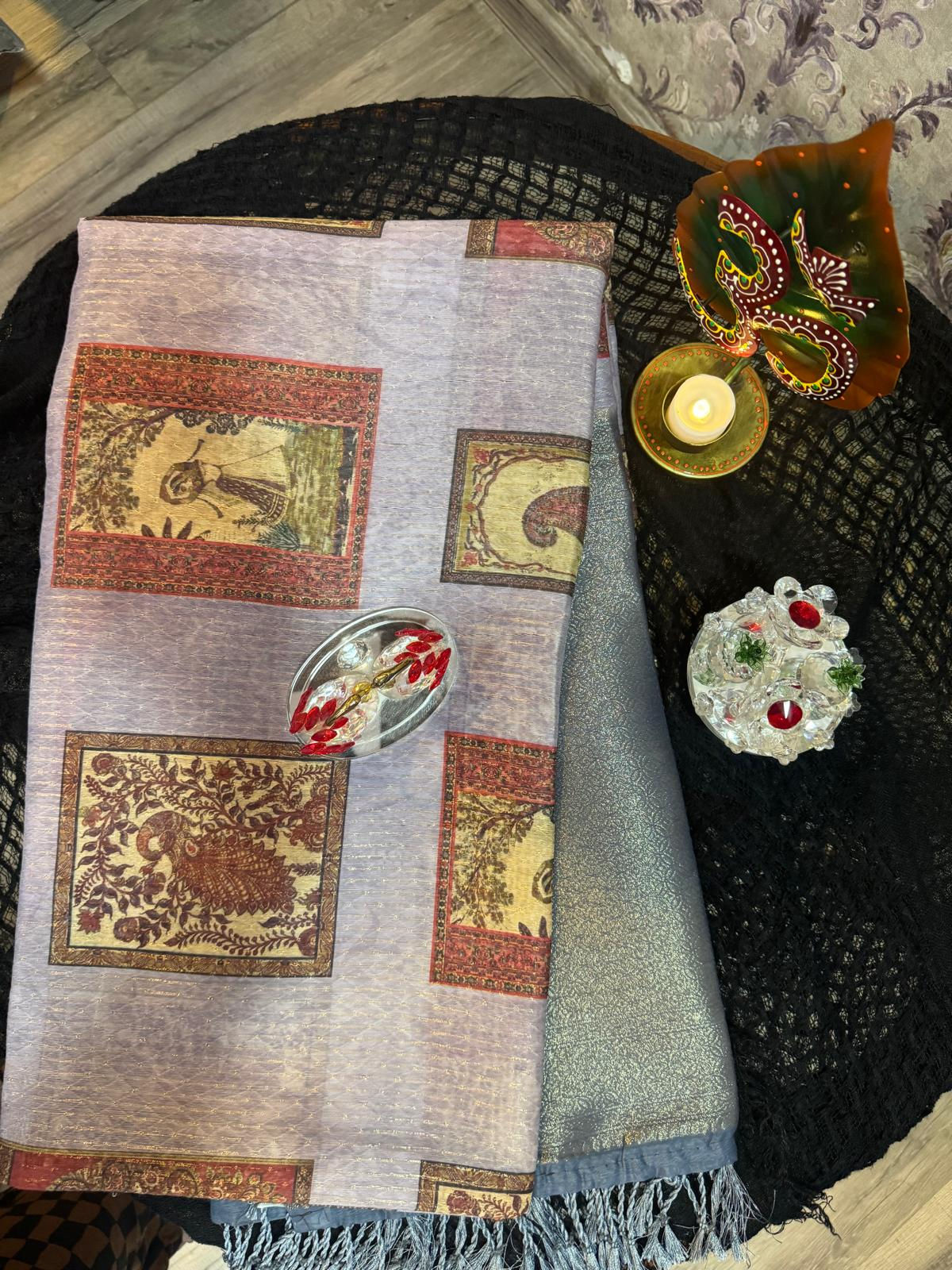 Semi Tusser Silk Saree Ash color body