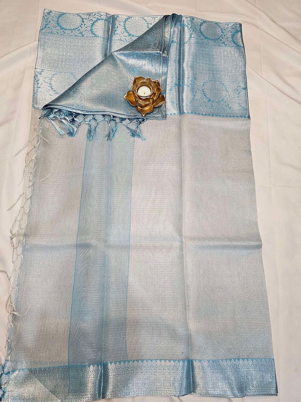 Thumbnail: Ethereal Silver Tissue Saree with Delicate Pink, Gold and Blue Variants