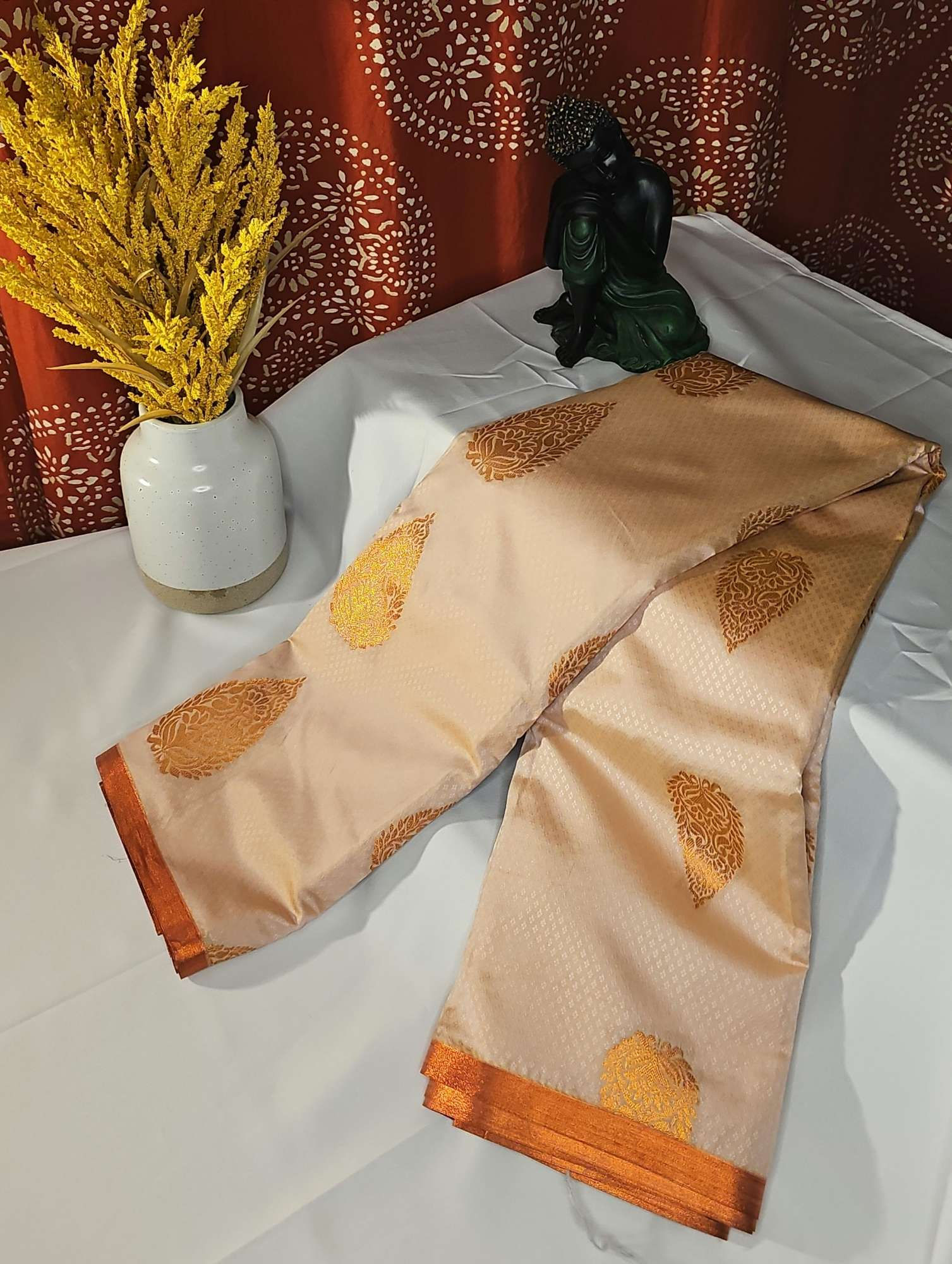 Semi Silk Saree - Half White Embossed Design with Coper Zari