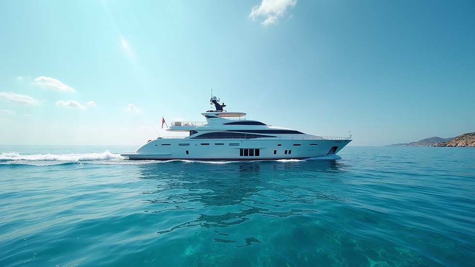 Wide angle view of a luxury yacht cruising on clear blue waters