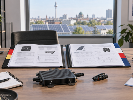 Two market dossiers and a microinverter on a distributor's desk overlooking solar panels in Berlin.