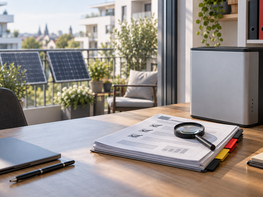 Concept image of a German distributor reviewing a balcony battery evidence file beside a generic storage unit.
