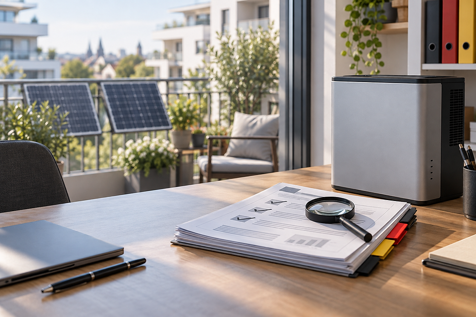 Concept image of a German distributor reviewing a balcony battery evidence file beside a generic storage unit.