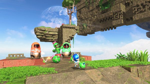 Astro fighting enemies with frog boxing gloves in ‘Az-Tech Trail.’ Captured on PS5 (Jesse Illanes)