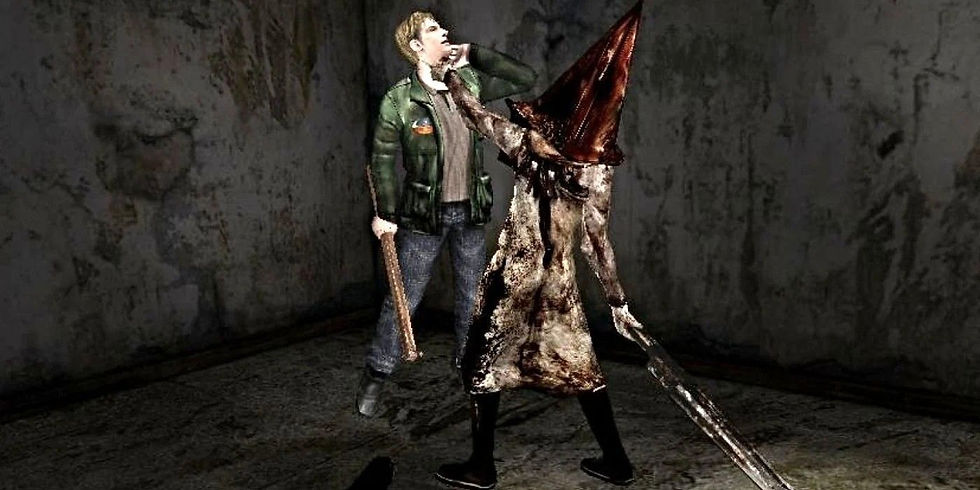 Pyramid Head, or the Red Pyramid Thing from Silent Hill 2, the first boss fight with it in the game. He is stangling and carrying James in the image.