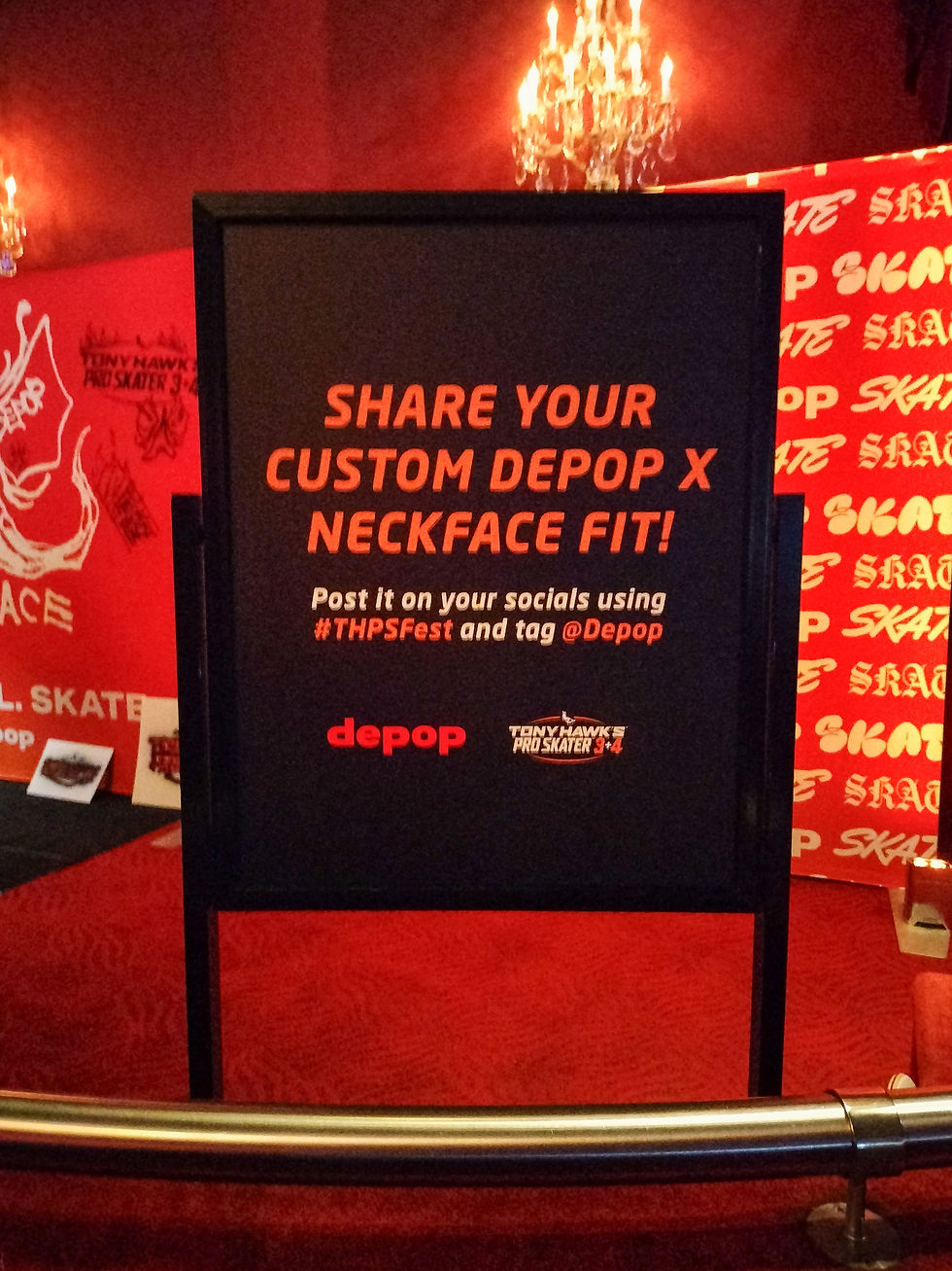 Second-hand and vintage clothing platform, Depop’s booth, featuring customized clothing and skateboard decks by graffiti artist, Neck Face at THPS Fest inside the El Rey Theatre in Los Angeles. (Jesse Illanes)