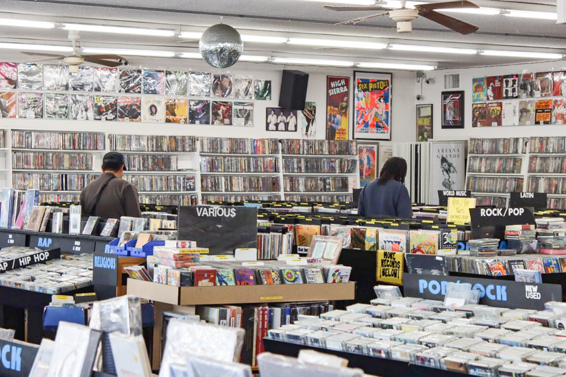 Overview of CD Trader in Tarzana, showing the many CDs, Vinyl Records, and DVDs they sell. MC