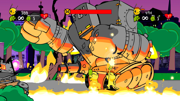 Alien Hominid HD: Local co-op where players are fighting against the final boss on-foot boss of the “Urban” section. Image courtesy of The Behemoth.