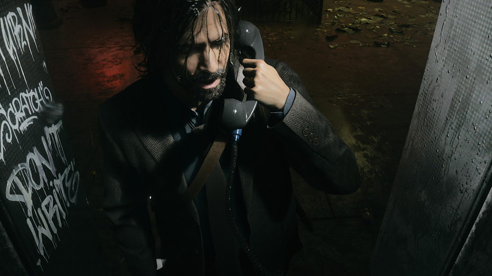 Alan Wake, receiving an ominous phone call in “The Dark Place.” – Captured on PlayStation 5. (Jesse Illanes)