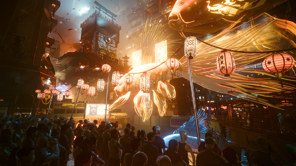 Citizens of Night City, gazing at a festival in Cyberpunk 2077: Ultimate Edition, running on the Nintendo Switch 2. Courtesy of CD Projekt Red (CD Projekt Red)