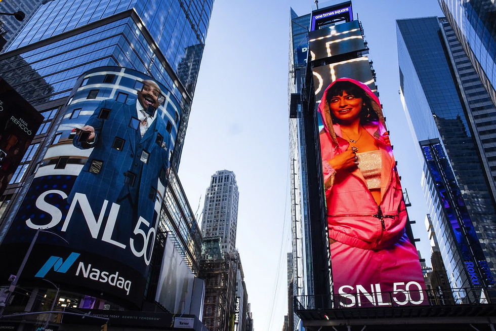 SNL 50 ads featured in New York’s Times Square on Feb. 14, 2025. Photo credit: AP Photo/Eduardo Munoz Alvarez