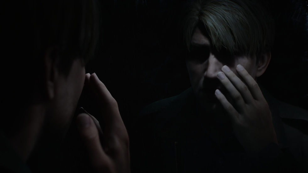 Silent Hill 2 Protagonist, James Sunderland, looking at himself in a mirror, existentially pondering his arrival at Silent Hill. Captured on PS5. (Jesse Illanes)