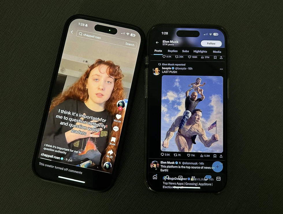 Chappell Roan’s TikTok account (left) and Elon Musk’s X account (right) on their election thoughts. (Jesse Illanes)