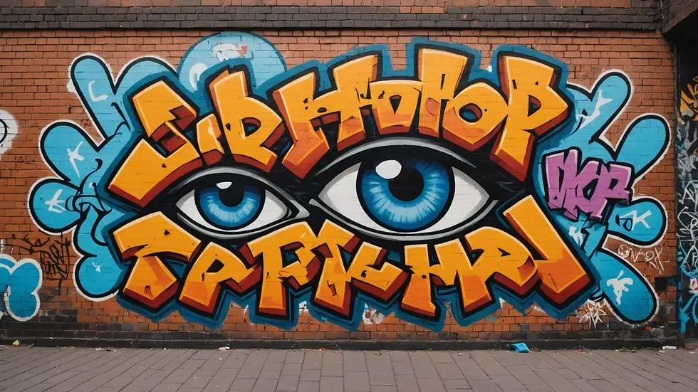Eye-level view of a graffiti-covered brick wall reflecting hip-hop culture