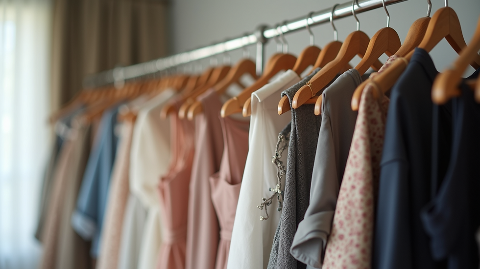 Eye-level view of a stylish clothing rack featuring various dresses and skirts