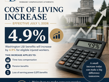 Ostrander & Deuel, PLLC graphic explaining Washington State Labor & Industries' 4.9% Cost of Living Adjustment (COLA) for 2026. The infographic highlights that eligible injured workers receiving time-loss compensation, pension benefits, and Loss of Earning Power (LEP) benefits may see increased workers' compensation payments beginning July 1, 2026.