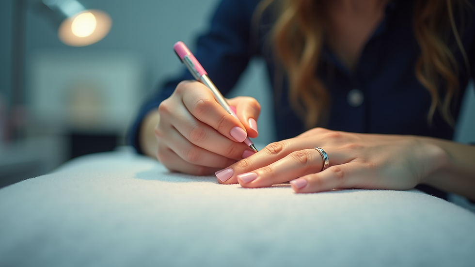 Eye-level view of a nail technician applying gel x nails in a spa setting