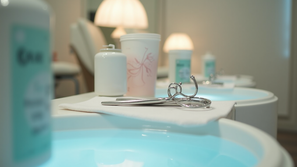 Eye-level view of a clean spa pedicure station with tools neatly arranged