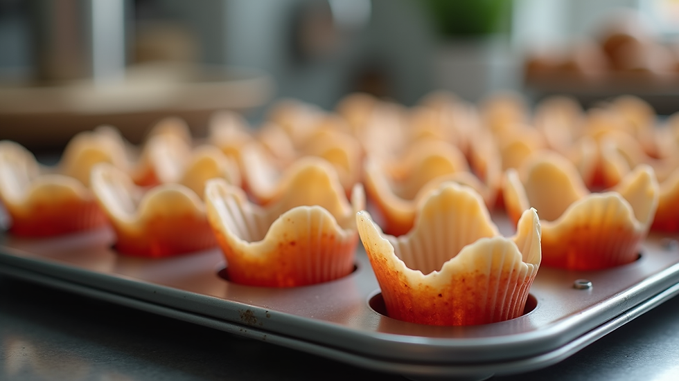 Close-up view of flexible silicone cupcake moulds on a baking tray