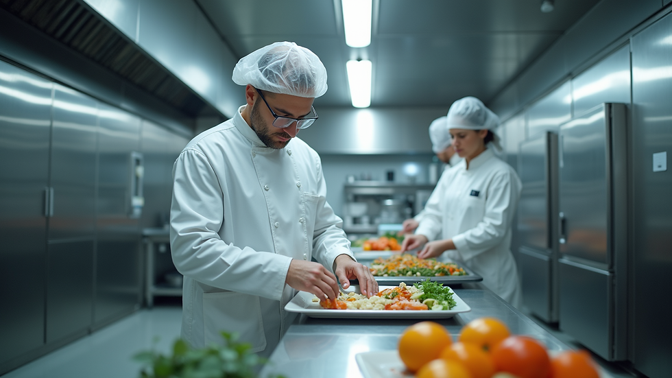 Eye-level view of food safety inspection in a commercial kitchen