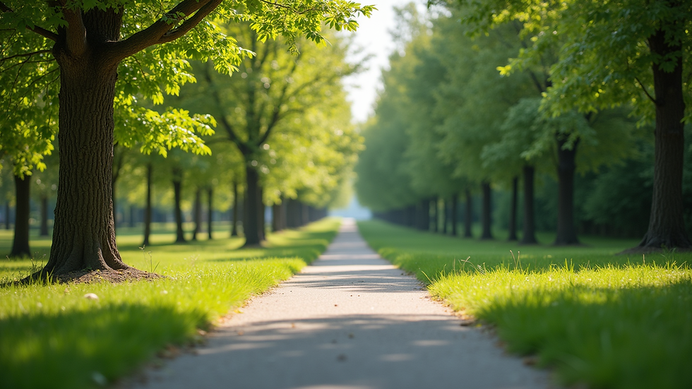 Eye-level view of a serene park with walking paths and greenery