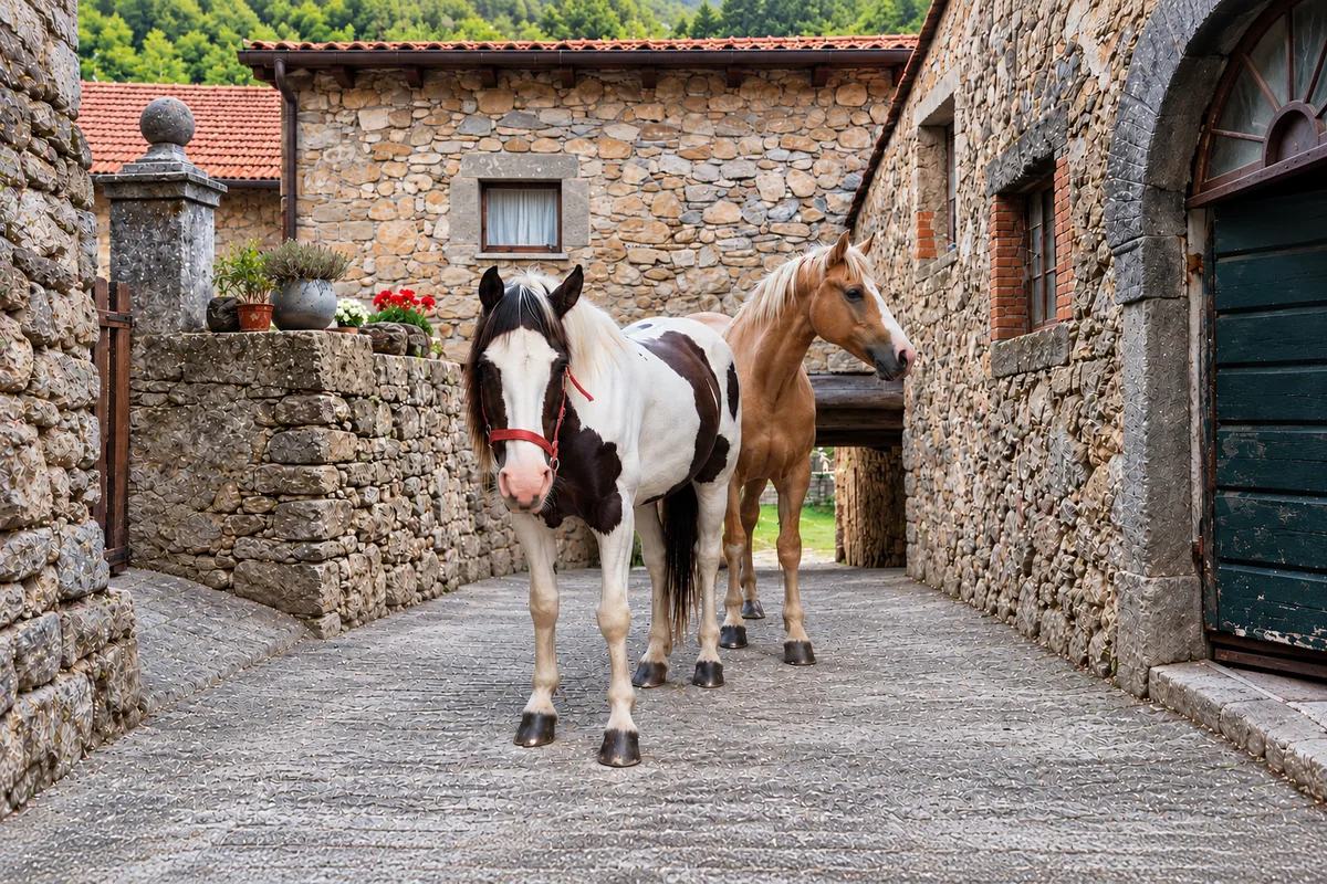 Two horses by the green doorway