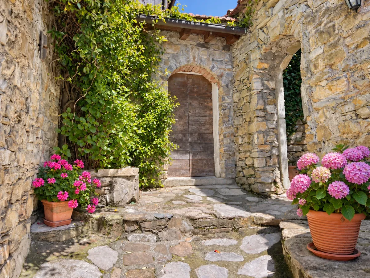 A doorway framed by stone and flowers