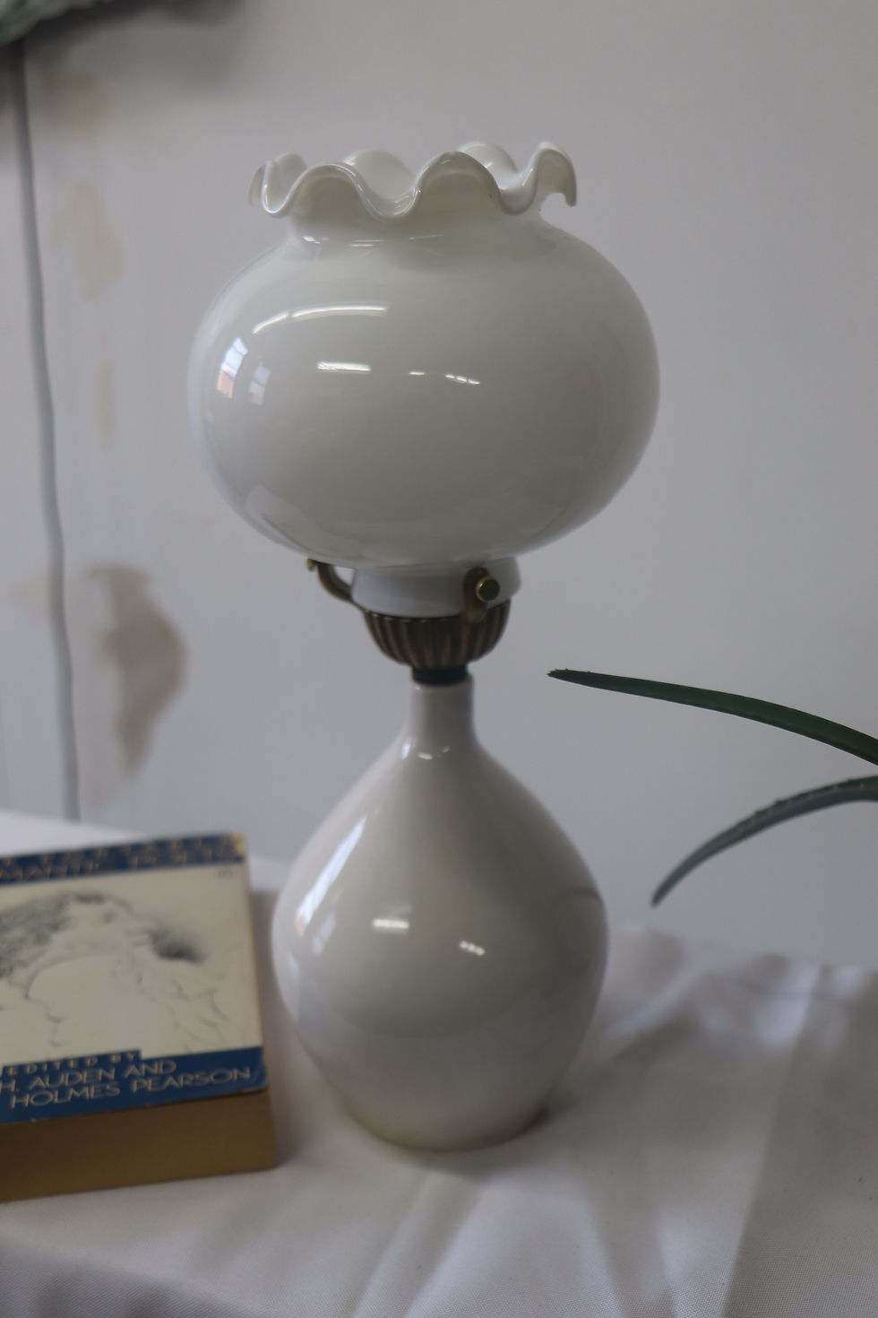 Thumbnail: White Ceramic Table Lamp with Vintage Glass Shade