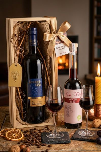 Rotwein Entdecker Set von Ron Vino: Eine Flasche Bernhard Räder Dulce Villum Rotwein und eine Flasche Ron Vino Rotweinlikör