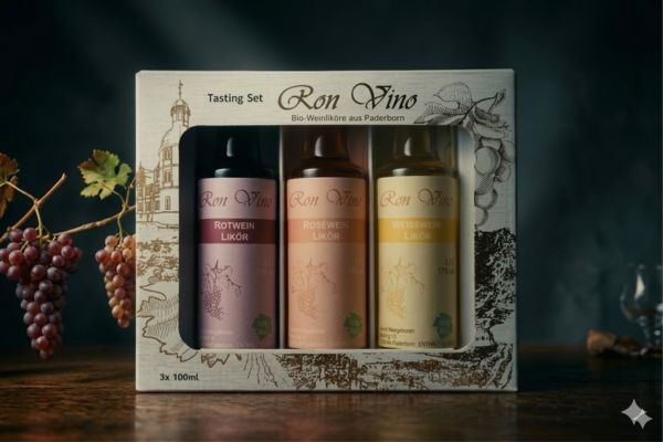 Ron Vino Tasting Set mit drei verschiedenen Bio-Weinlikören aus Paderborn.