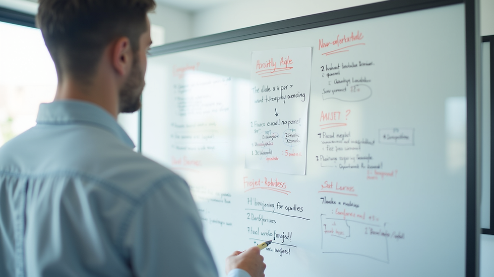 eye-level view of a whiteboard with agile project planning notes