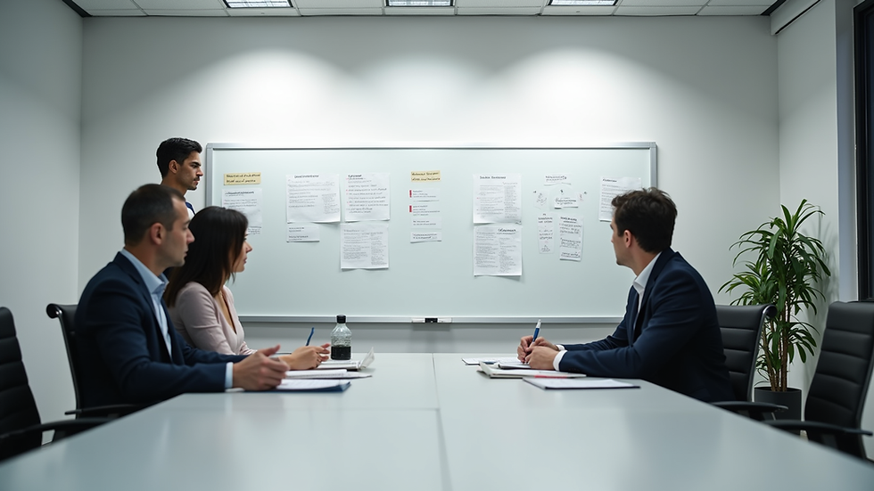 Eye-level view of a modern office meeting room with a whiteboard and project planning notes
